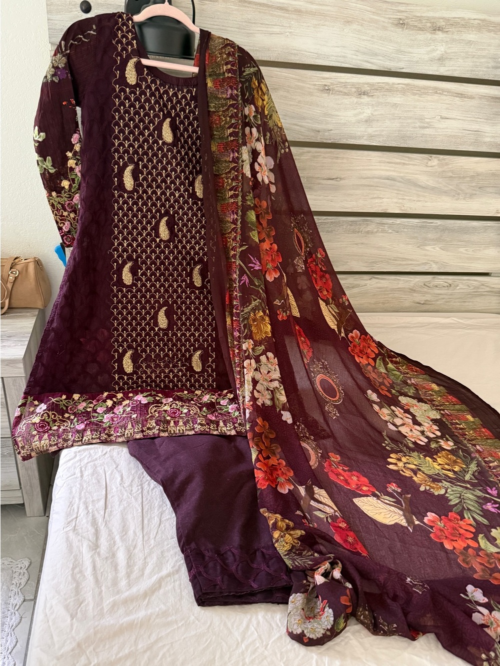 Women’s Embroidered Plum Floral Dress with Matching Scarf medium size
